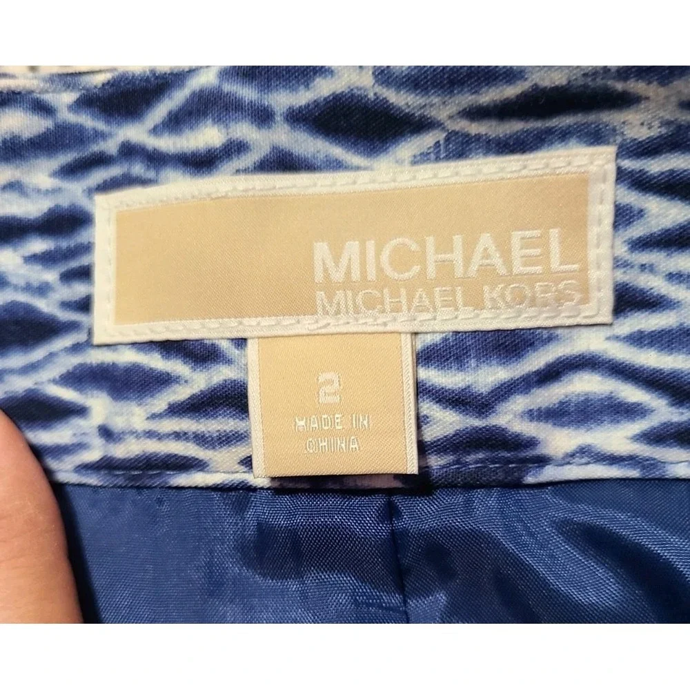 Michael Kors Blue Printed Faux Belt Pencil Skirt Sz 2‎